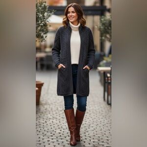 Aran Mor 100% Luxury Merino Wool Full Zip Cable Knit Coatigan Gray, Ireland, M